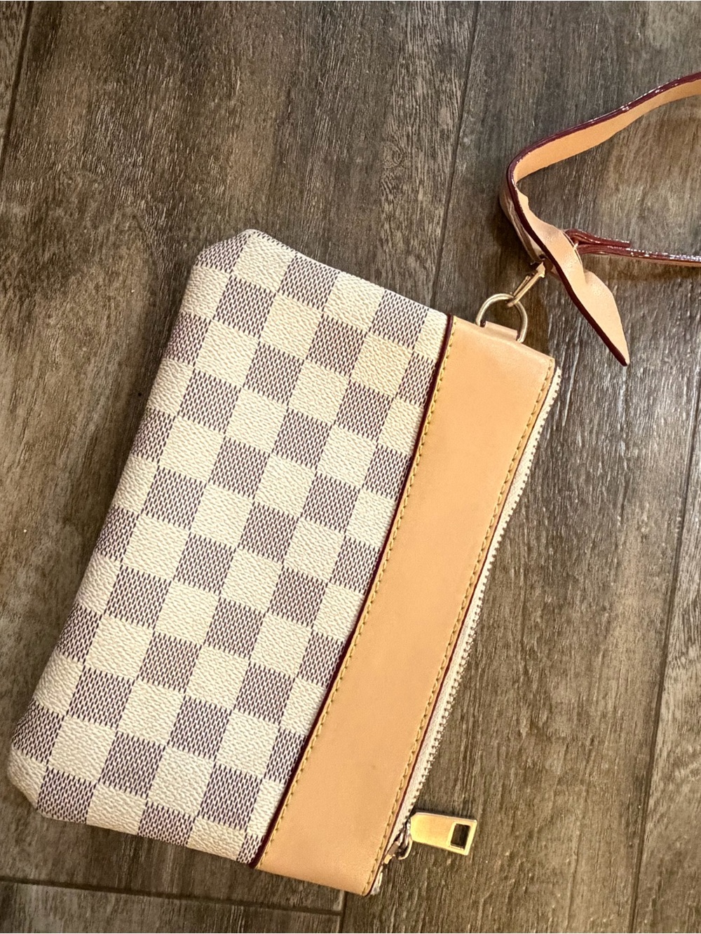 Beige Checkered Wristlet Clutch with Leather Trim